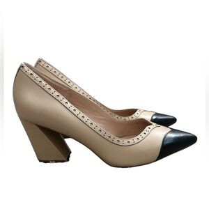 CHARLES DAVID Alanna Brogue Pointed Toe Pump In Nude-black Size:9  Chunky heel